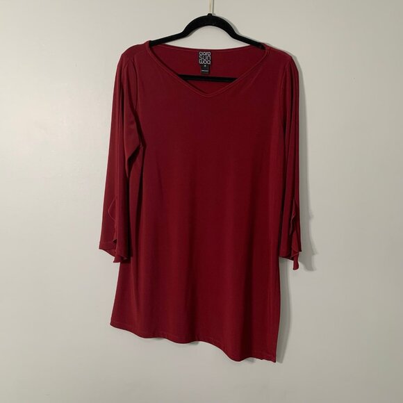 Clara Sun Woo red maroon v-neck slight asymmetrical long lines top - Picture 1 of 11